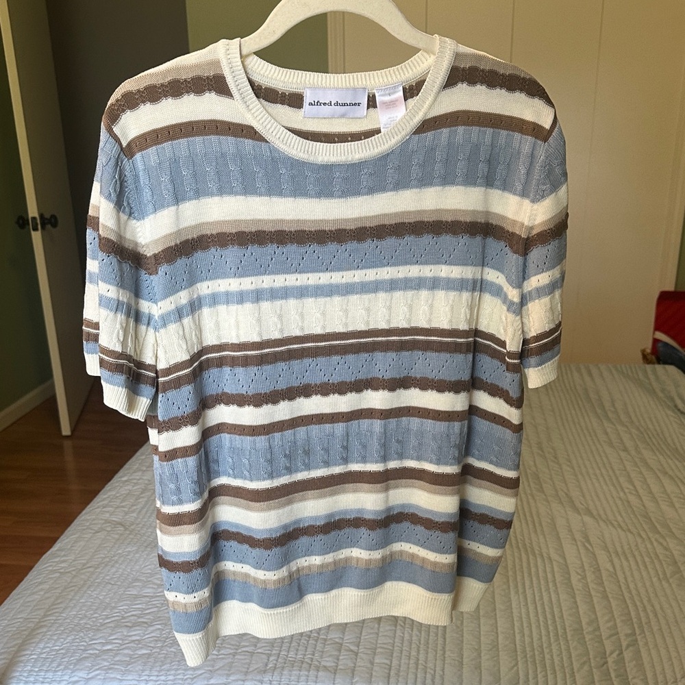 Alfred Dunner Blue, Cream & Brown Striped Knit Short Sleeve Sweater